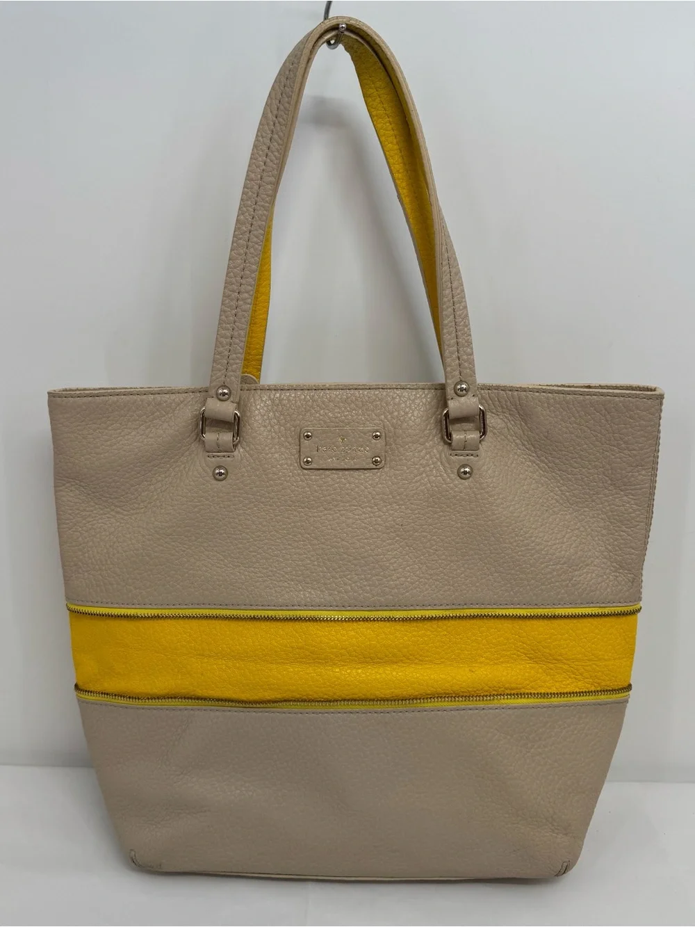 Kate Spade Grove Court Michelle TAN PEARL YELLOW Expandable Leather Large Tote
